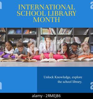 Composite of international school library month text and diverse teacher with children reading books Stock Photo