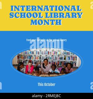 Composite of international school library month text and diverse teacher with children reading book Stock Photo