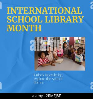 Composite of international school library month and happy diverse teacher and students in library Stock Photo