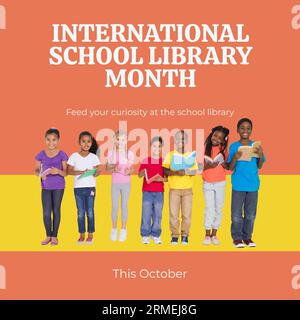 Composite of this october, international school library month text, diverse children reading books Stock Photo