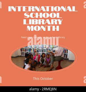 This october, international school library month text and diverse children listening to teacher Stock Photo