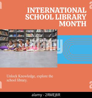 Composite of international school library month text and diverse teacher with children reading books Stock Photo