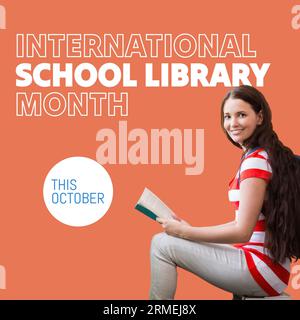 Composite of this october, international school library month text and caucasian woman reading book Stock Photo