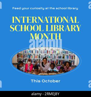 This october, international school library month text, diverse children and woman lying and reading Stock Photo