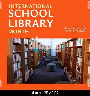 Composite of international school library month and various books arranged on shelves in library Stock Photo