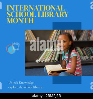 Composite of international school library month text and biracial girl smiling and reading book Stock Photo