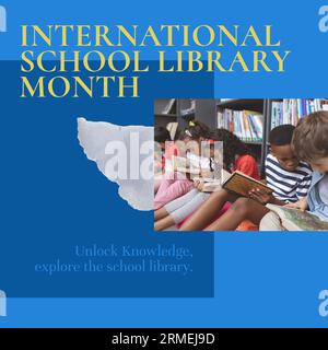 Composite of international school library month text and diverse children sitting and reading books Stock Photo