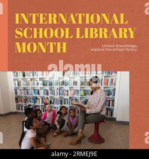 Composite of international school library month text and diverse teacher reading book for children Stock Photo