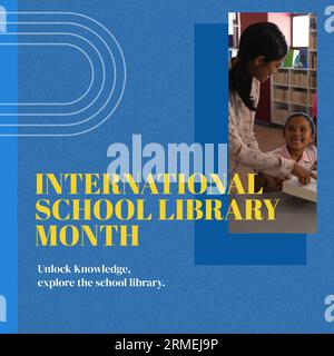 International school library month text and biracial mother assisting daughter in reading book Stock Photo