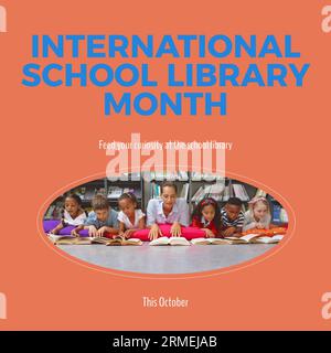 This october, international school library month text and diverse teacher with children reading book Stock Photo