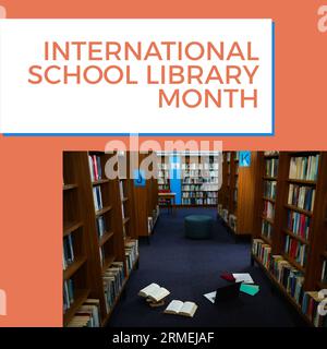 Composite of international school library month text and various books arranged on bookshelf Stock Photo