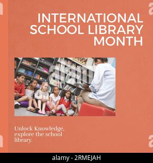 Composite of international school library month text and diverse teacher reading book for children Stock Photo