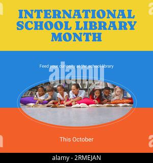 This october, international school library month text and diverse teacher and children reading book Stock Photo