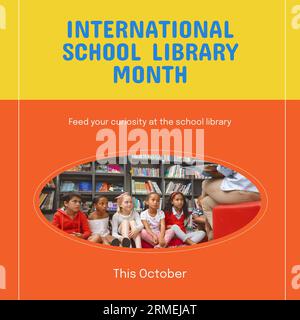 This october, international school library month text and diverse children listening to teacher Stock Photo