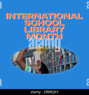 Composite of international school library month text and caucasian boy lying and reading book Stock Photo