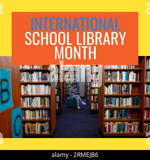 Composite of international school library month text and fullbody of biracial woman reading book Stock Photo