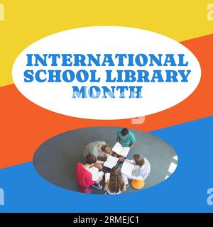 Composite of international school library month text and teen diverse students reading books Stock Photo