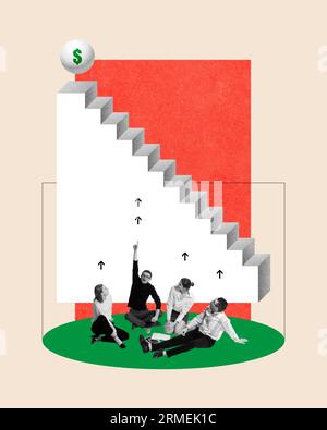 Co-working. Young people, employees sitting on floor, working and lively discussion. Brainstorming. Contemporary art collage. Stock Photo