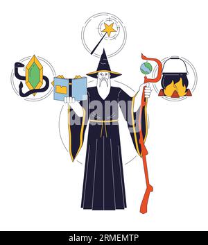 Wizard person archetype flat line concept vector hero illustration Stock Vector