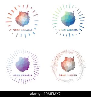 Gran Canaria low poly sunburst set. Logo of island in geometric polygonal style. Vector illustration. Stock Vector