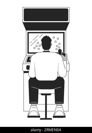 Man sitting and playing games flat line black white vector character Stock Vector
