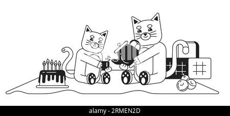 Cats on picnic monochrome concept vector spot illustration Stock Vector