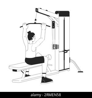 Man holding bar on lat pulldown machine flat line black white vector character Stock Vector