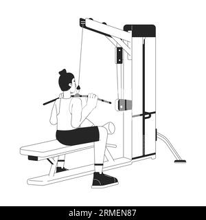Man dragging bar down on lat pulldown machine flat line black white vector character Stock Vector