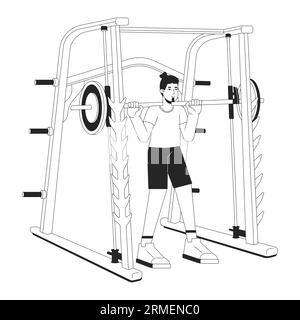 Man holding barbell in smith machine flat line black white vector character Stock Vector