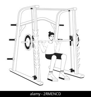 Man doing squats in power rack flat line black white vector character Stock Vector