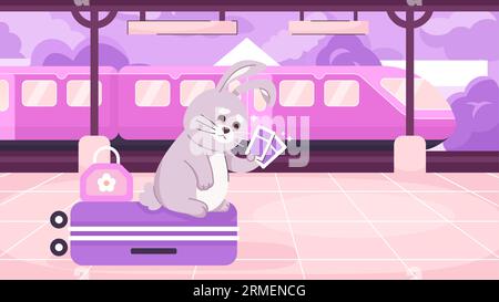 Traveler rabbit on platform cute chill lo fi wallpaper Stock Vector