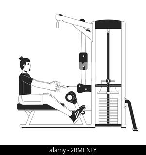 Man holding handle with outstretched arms on gym machine flat line black white vector character Stock Vector