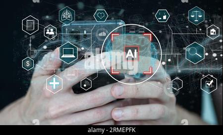 Artist Man using hand AI, Artificial Intelligence to generate content. Text to image, speech, smart AI, by enter command prompt for generates Stock Photo