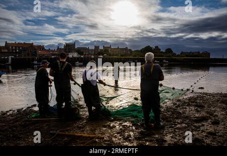 Traditional salmon fishermen fishing at the mouth of the River Tweed, Berwick upon Tweed, Northumberland, England, UK Stock Photo