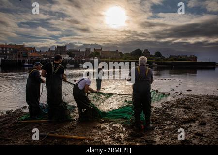 Traditional salmon fishermen fishing at the mouth of the River Tweed, Berwick upon Tweed, Northumberland, England, UK Stock Photo