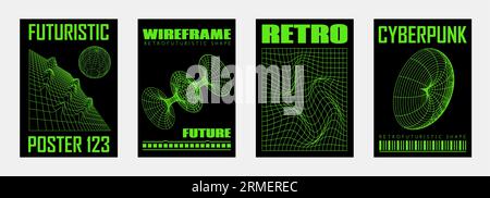 Trendy Y2k Poster With Geaometrc Vector 3d Wireframe Model And