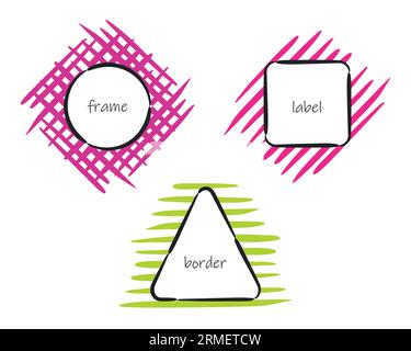 Groovy frames, border Set. Hand drawn doodle paint brush line strokes, bright tech tones colours. Circle wreath, square, triangle geometric shapes Stock Vector