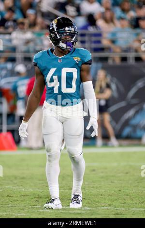 Jacksonville Jaguars cornerback Erick Hallett (40) pursues a play on  defense against the Detroit Lions during an NFL pre-season football game,  Saturday, Aug. 19, 2023, in Detroit. (AP Photo/Rick Osentoski Stock Photo 