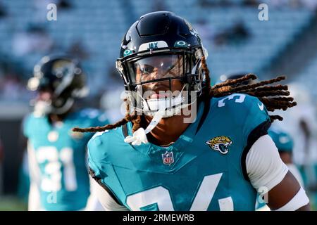 Jacksonville Jaguars cornerback Gregory Junior (34) defends during the  first half of the NFL football exhibition Hall of Fame Game against the Las  Vegas Raiders, Thursday, Aug. 4, 2022, in Canton, Ohio.