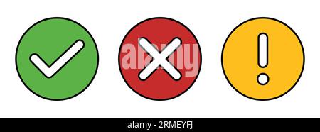 Right wrong and exclamatory symbol icon set in black and white. Right, Wrong, Exclamation Vector set of flat check mark, X mark icons, exclamation. Stock Vector