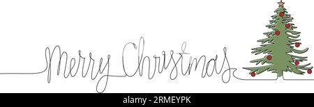 continuous single line drawing of word MERRY CHRISTMAS and christmas tree, line art vector illustration Stock Vector