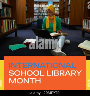 Composite of international school library month text and biracial woman in hijab using laptop Stock Photo