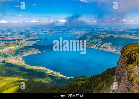 Beautiful bird's-eye view of Lake Zug in Central Switzerland, viewed from the summit of Mount Rigi Kulm. It stretches for 14 km between Arth and the... Stock Photo