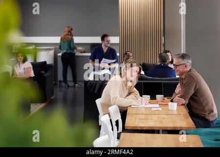 Two professionals working together in office cafeteria Stock Photo