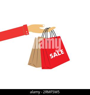 A hand holding shopping bags with the sale word on a white background with copy space Stock Vector