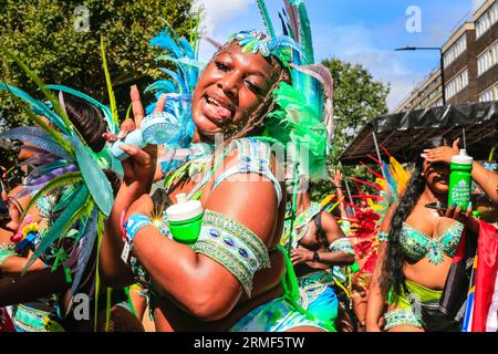 London, UK. 28th Aug, 2023. Participants in the main carnival parade have fun on Carnival Monday. Up to two million people are expected to celebrate the carnival this Bank Holiday Weekend participating or watching along the carnival route, at sounds systems, stalls and venues. Credit: Imageplotter/Alamy Live News Stock Photo