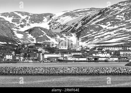 Black And White Photo Of The Small Norwegian Fishing Community Of Mehamn, Far North Of The Arctic Circle. 6 May 2023 Stock Photo