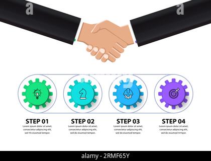 Infographic template with icons and 4 options or steps. Handshake. Can be used for workflow layout, diagram, banner, webdesign. Vector illustration Stock Vector