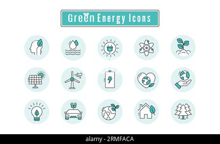 Green Energy Icons: Renewable, Sustainable, and Eco-Friendly. Stock Vector