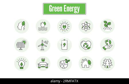 Green Energy Icons: Renewable, Sustainable, and Eco-Friendly. Stock Vector